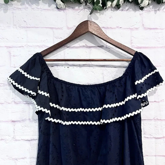 Monsoon Off The Shoulder Embroidered Maxi‎ Dress Cotton Navy Ruffle Size Large - Picture 5 of 11